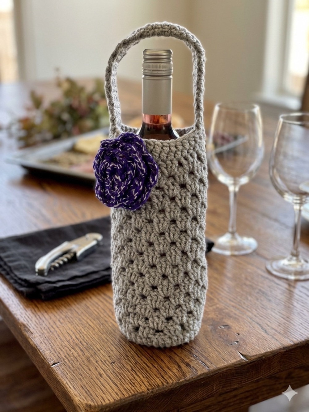 Gray Crochet Wine Bottle Carrier with Purple Flower